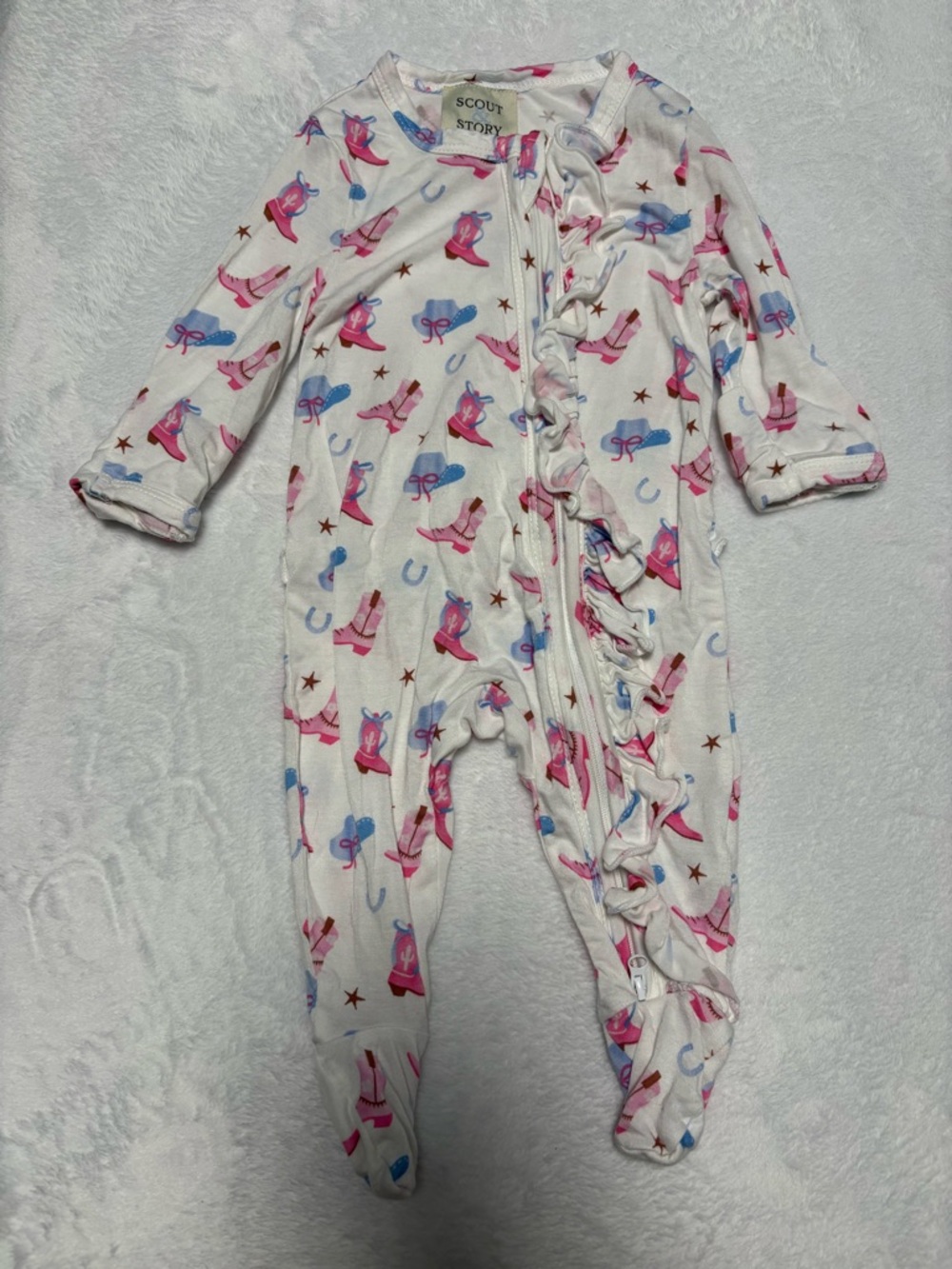 Scout & Story Western Boots Ruffle Zippy 0-3M Bamboo Footie EUC